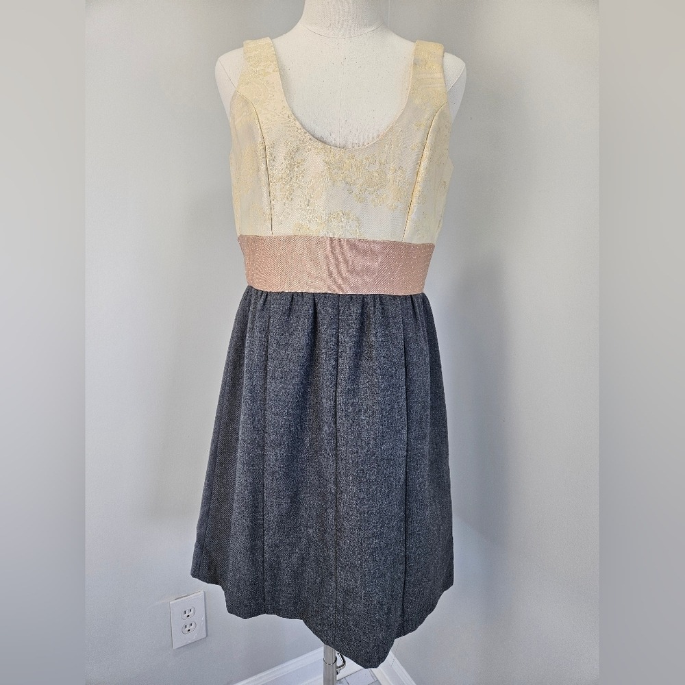 Preloved Ki Ki Dress Upcycled Wool Brocade Grey Cream Gold L Made in‎ Canada